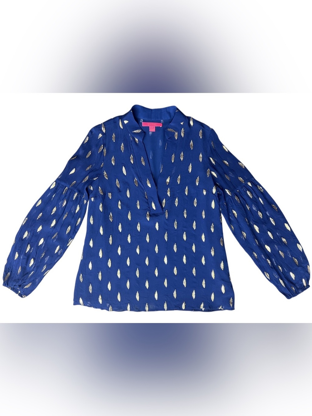 Lilly Pulitzer Women’s Blue Lapis Lazuli Silk Metallic Gold Silver Shea Top S